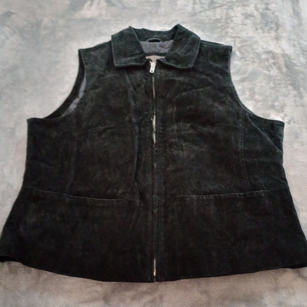 Brandon Thomas Leather Suede Leather Vest Womens XL Black Zip Up Collared Moto